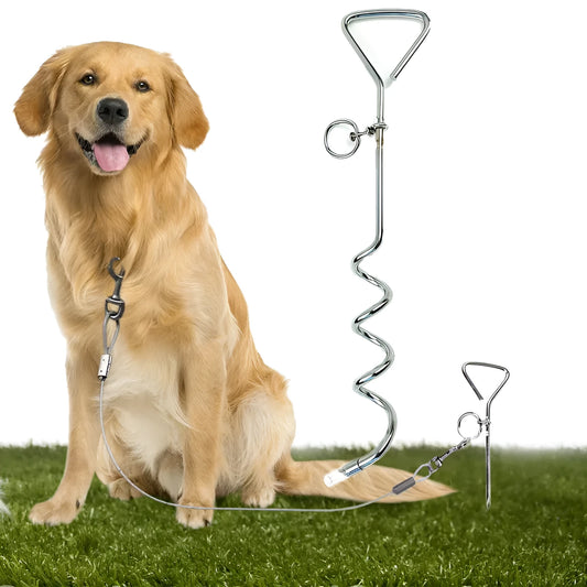 Silver spiral screw dog tie out stake for secure outdoor tethering on grass