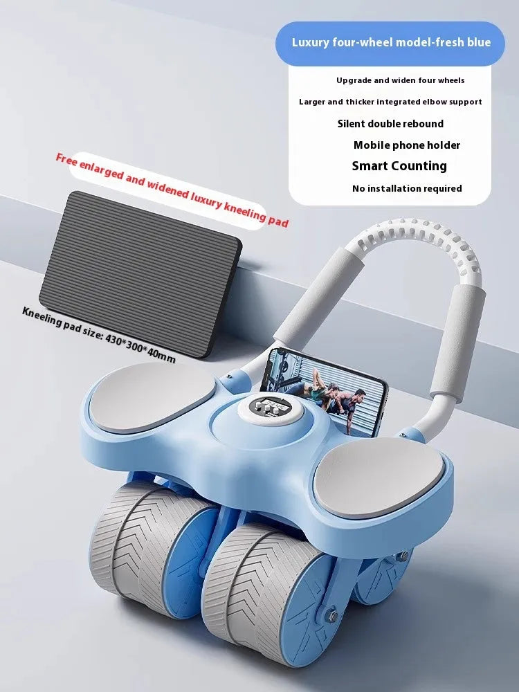Abdominal wheel with elbow support in blue, showing automatic rebound mechanism and four-wheel design for fitness training