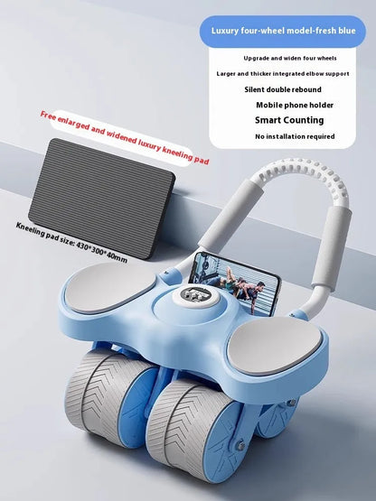Abdominal wheel with elbow support in blue, showing automatic rebound mechanism and four-wheel design for fitness training