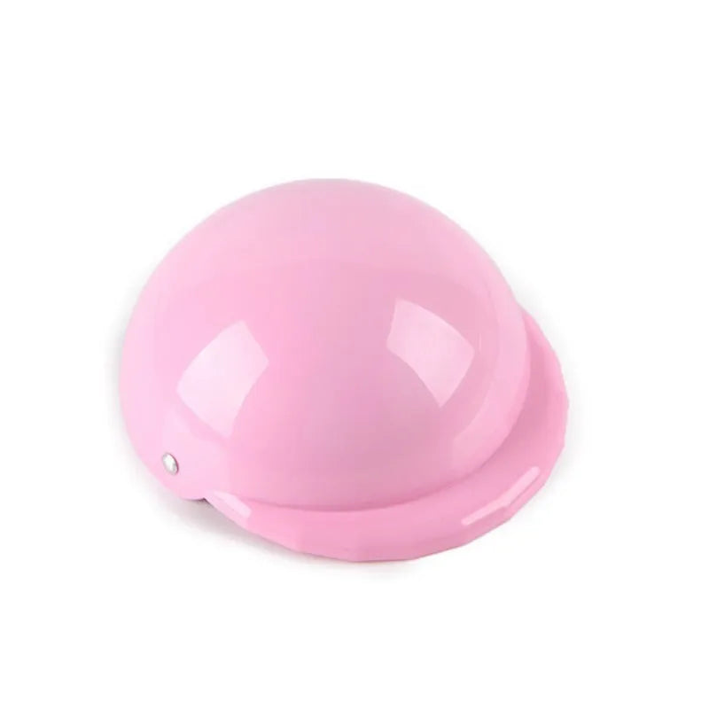 Plastic dog motorcycle cap helmet in seven colour options showing three diameter sizes