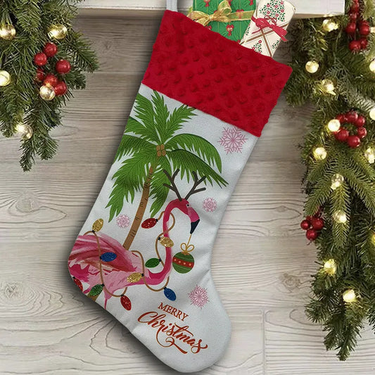 Flamingo Christmas stockings measuring 46cm by 28cm in cloth material with hanging loop