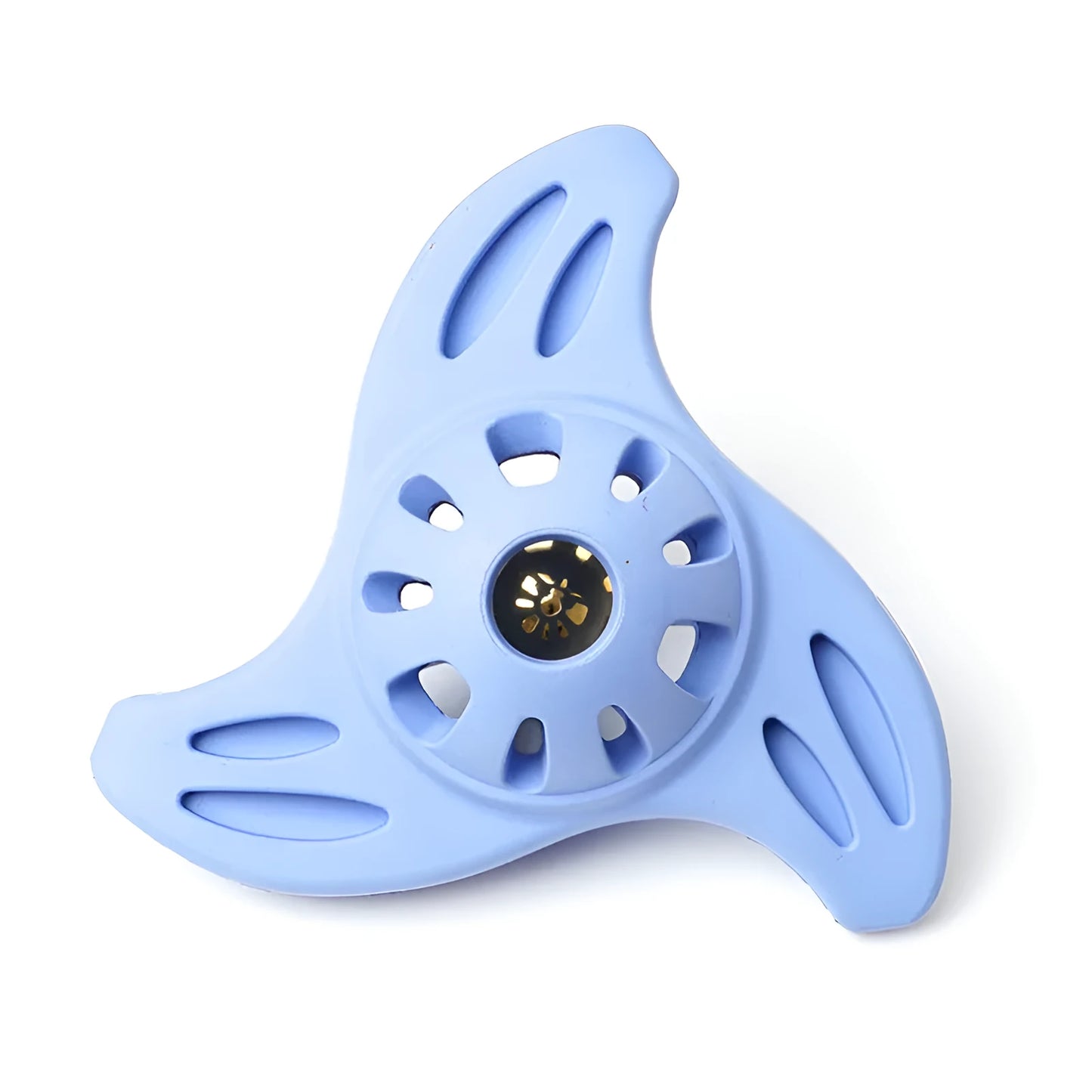Blue boomerang-shaped dog toy with molar texture, dimensions 132x132x61mm for medium and large breed dogs