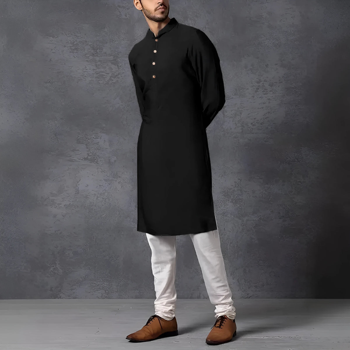 Men's black slim fit stand collar robe with long sleeves, polyester, size M-XXXL