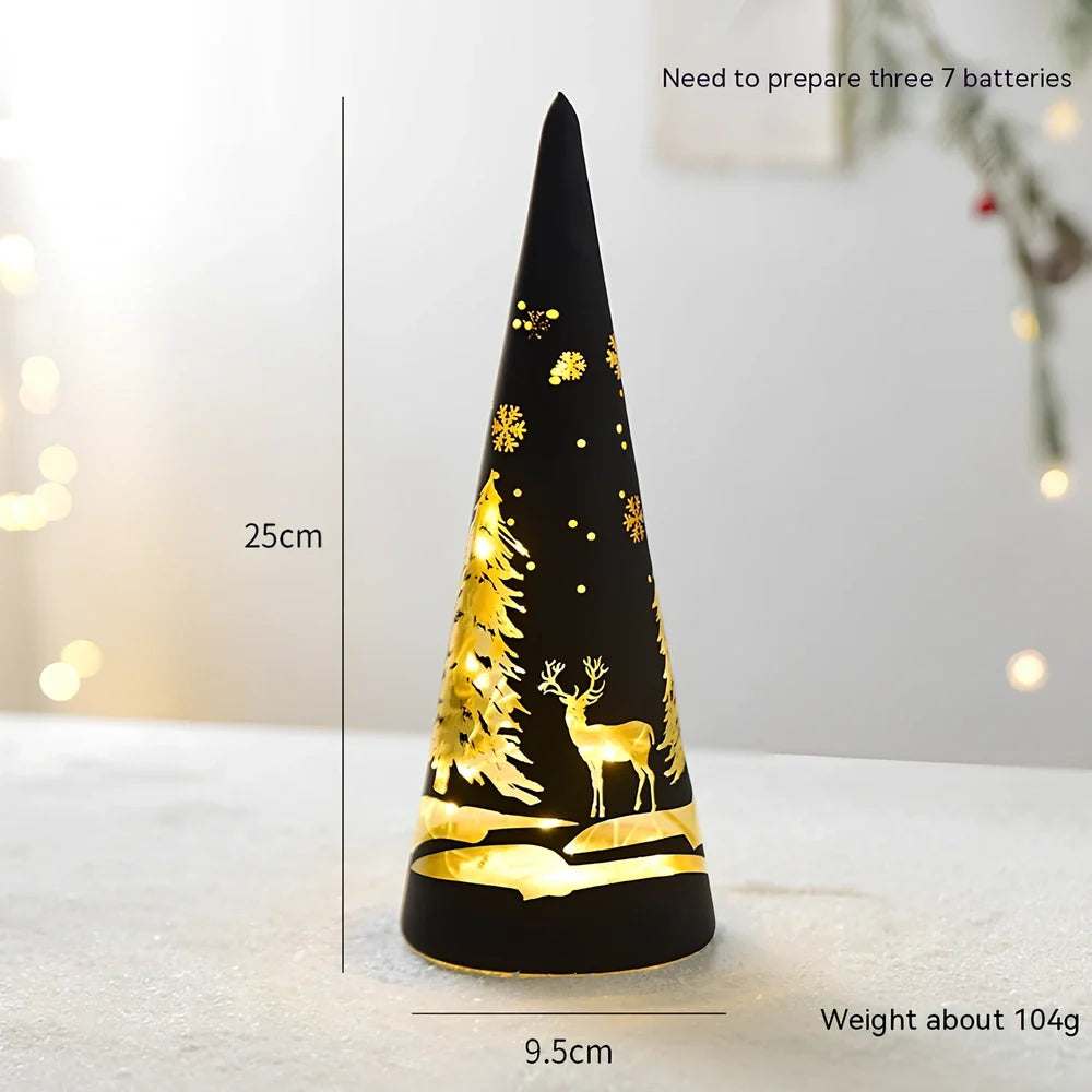 Glass Christmas desktop decoration showing tree, cone, and cup designs in various colours