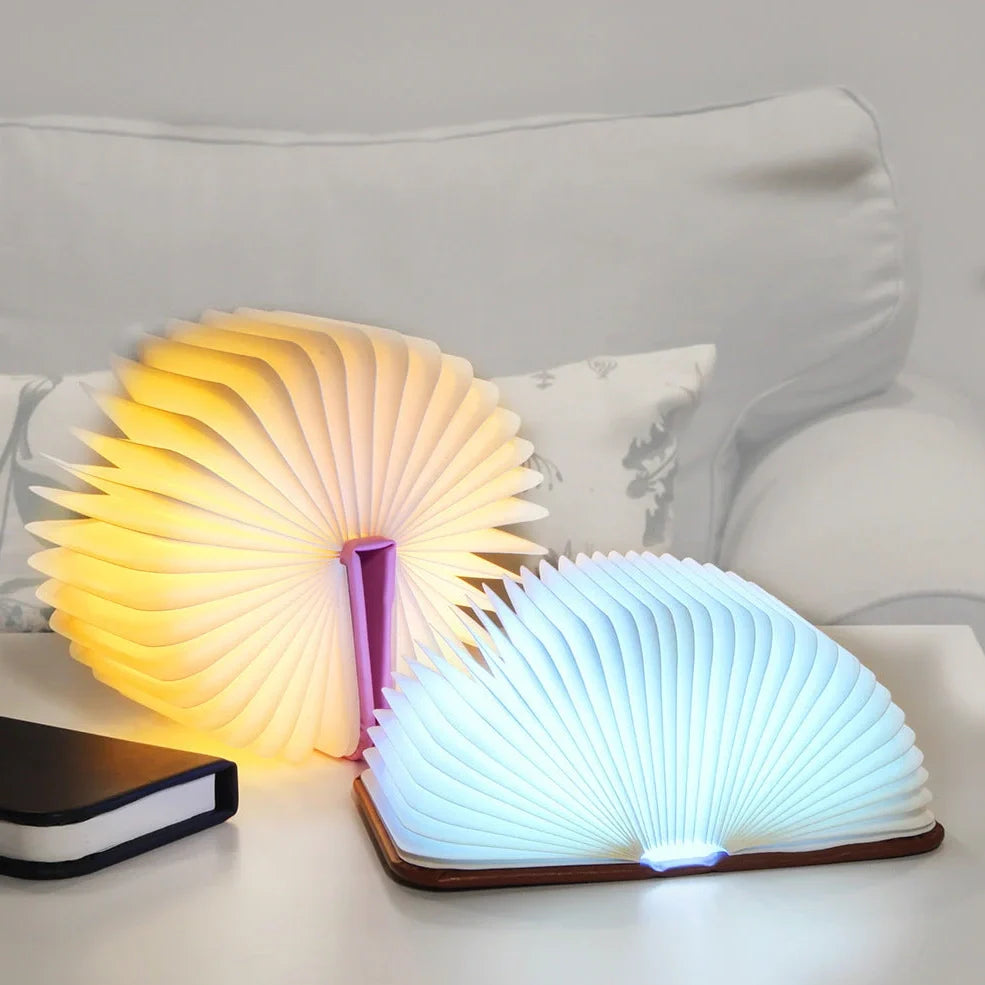 LED mini folding table lamp with book design measuring 125mm, showing parchment shade and pull-wire switch