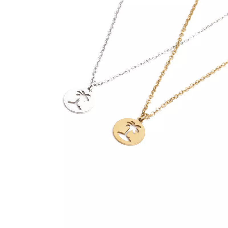 Men's titanium steel hollow coconut tree pendant necklace in gold and gray