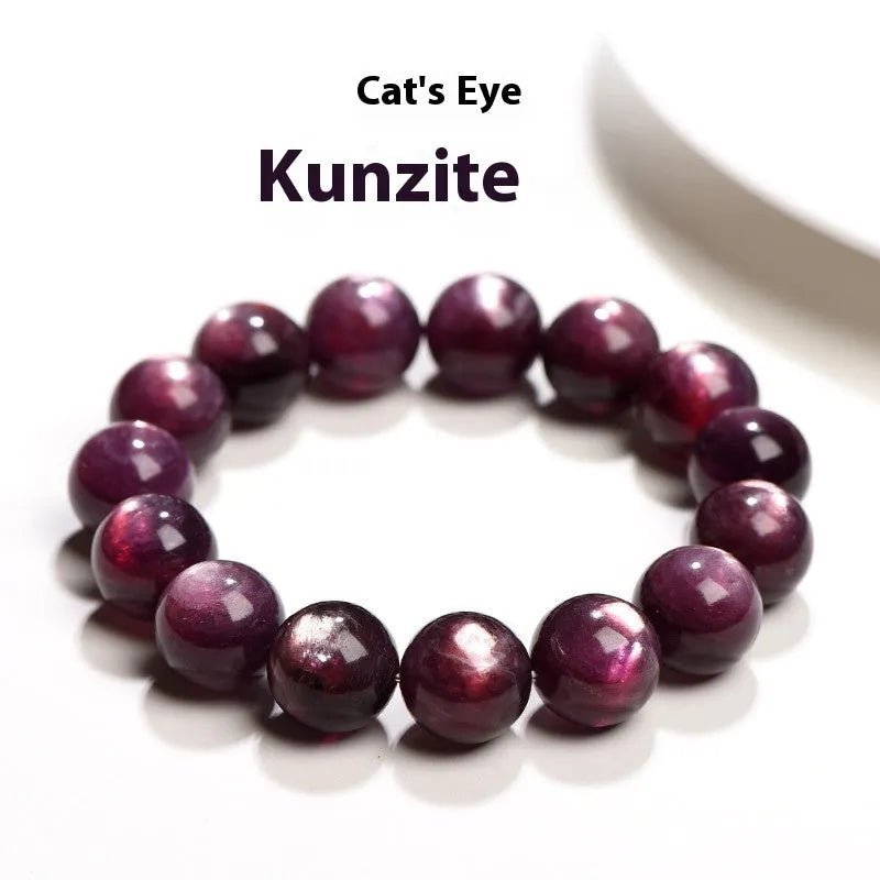 Purple lepidolite crystal bracelet with polished round beads in geometric design on wrist