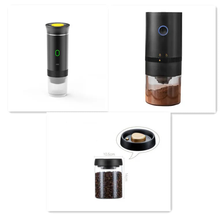 Portable 3-in-1 espresso machine in black showing ground coffee and capsule compartments with USB cable