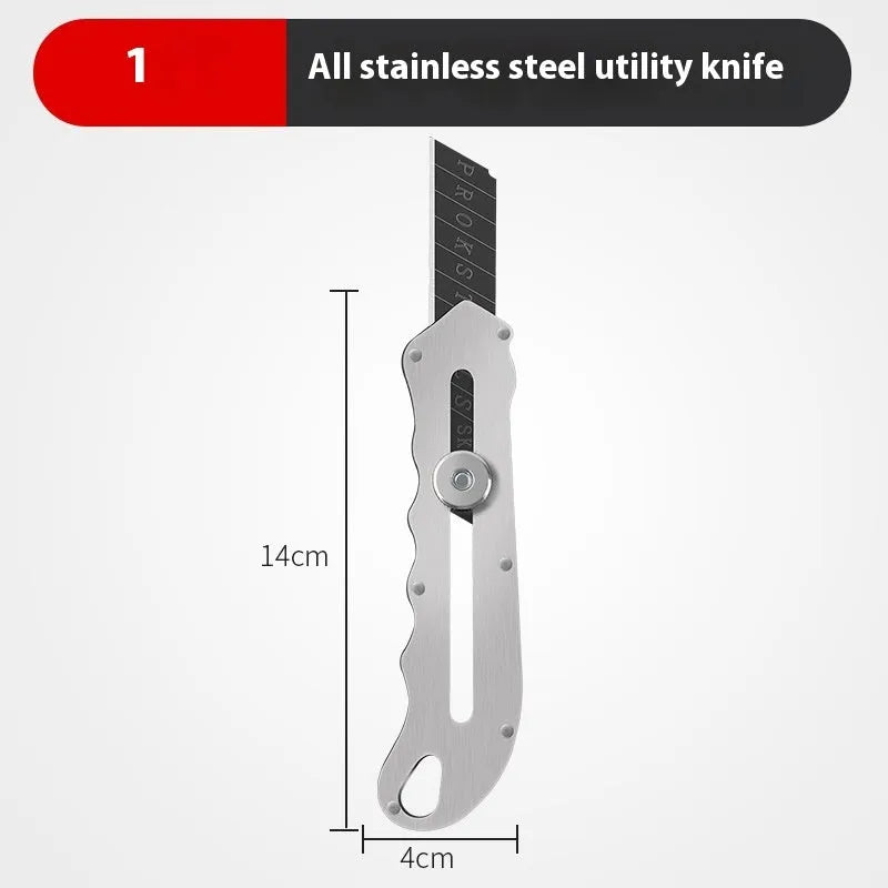Stainless steel folding utility art knife with black blade and a pack of replacement blades.
