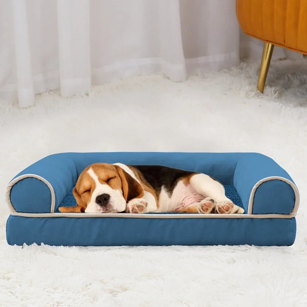Square grey dog bed with 19cm thick breathable sponge and removable cloth cover for orthopaedic support
