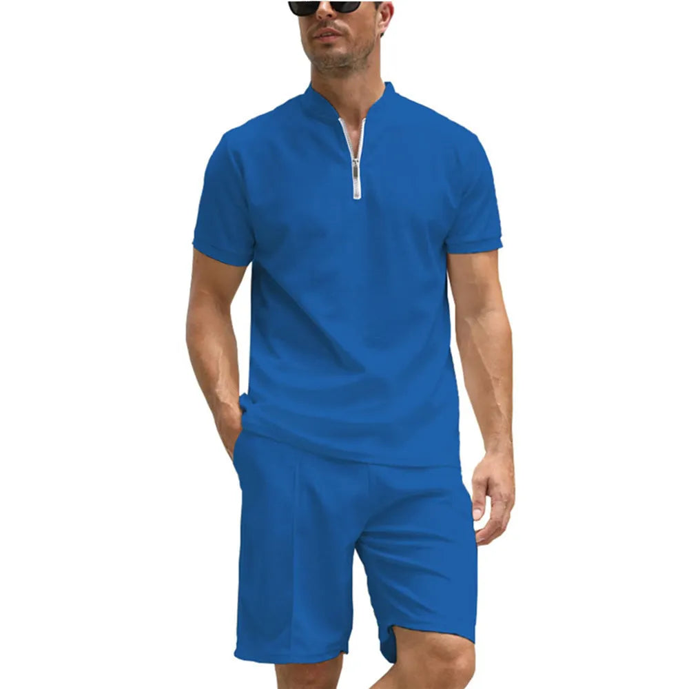 Men's solid colour polo shirt suit set with short sleeves, showing top and trousers in beaded bird's eye fabric
