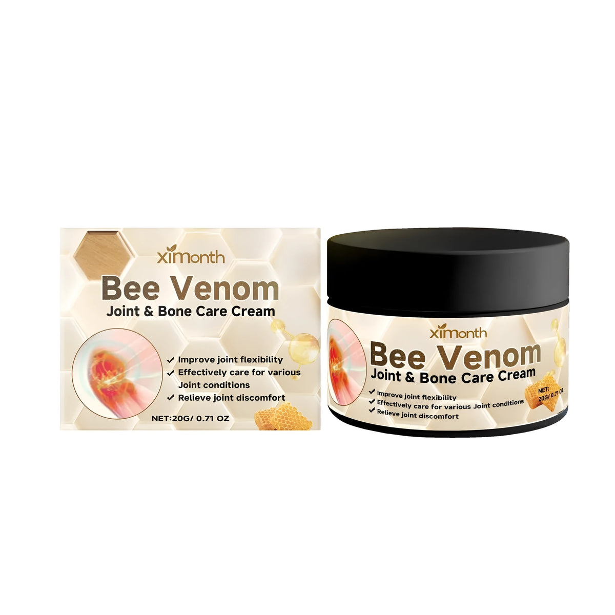 20g tube of joint relief cream with natural active ingredients including mint leaves and bee venom.
