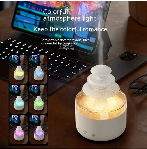 White rain cloud shaped humidifier with LED lighting and water droplet effect