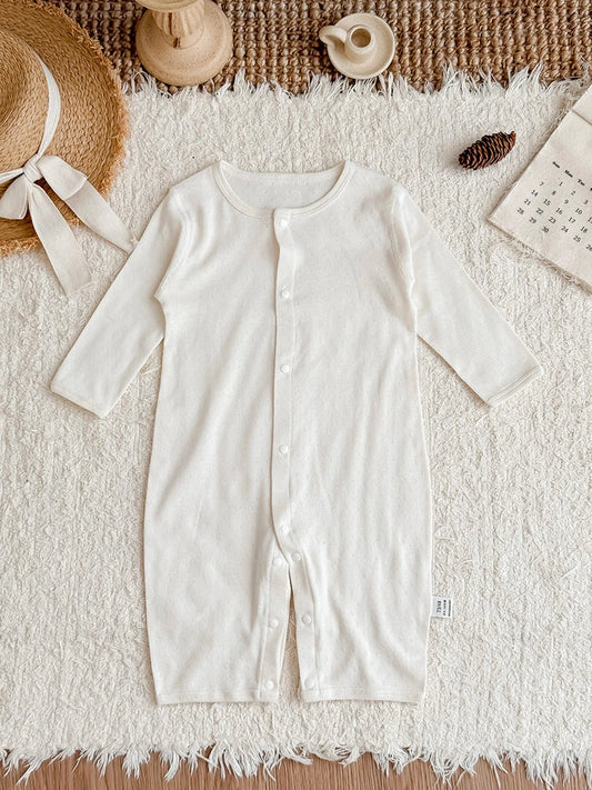 Pure cotton baby romper in blue with long sleeves and single-breasted closure, showing long climbing style design