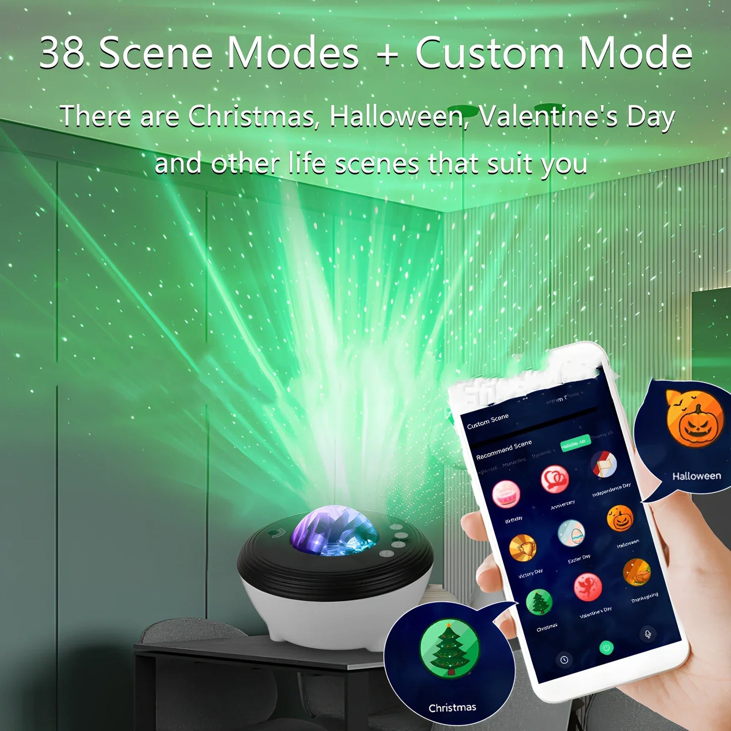 White Tuya smart northern lights projection light with 142mm diameter PVC lampshade and wireless remote control