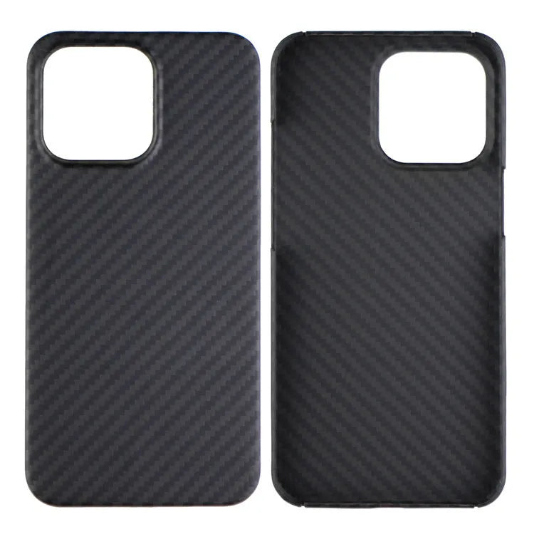 Dull black Kevlar fibre iPhone case with a stripe design on the back, shown on an iPhone model.