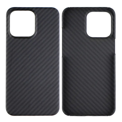 Dull black Kevlar fibre iPhone case with a stripe design on the back, shown on an iPhone model.