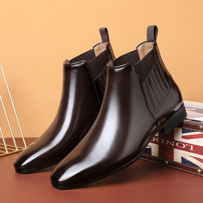 Sleek Chelsea-style boots for men with pointed toe and square heel, available in black and brown colors