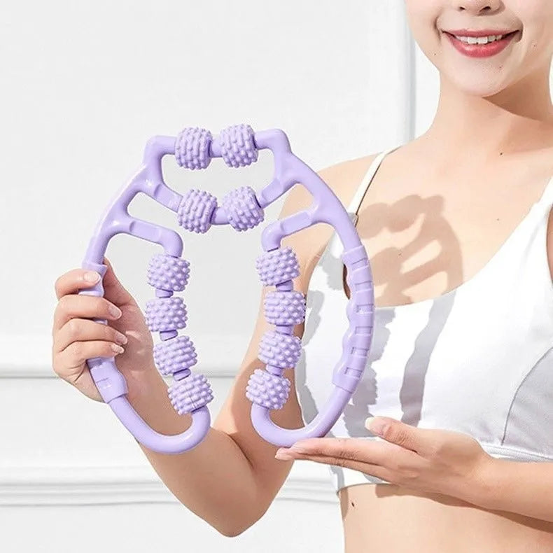 Ring clip leg massager roller with 12 wheels in macaron pink colour, showing adjustable grip and PP material construction