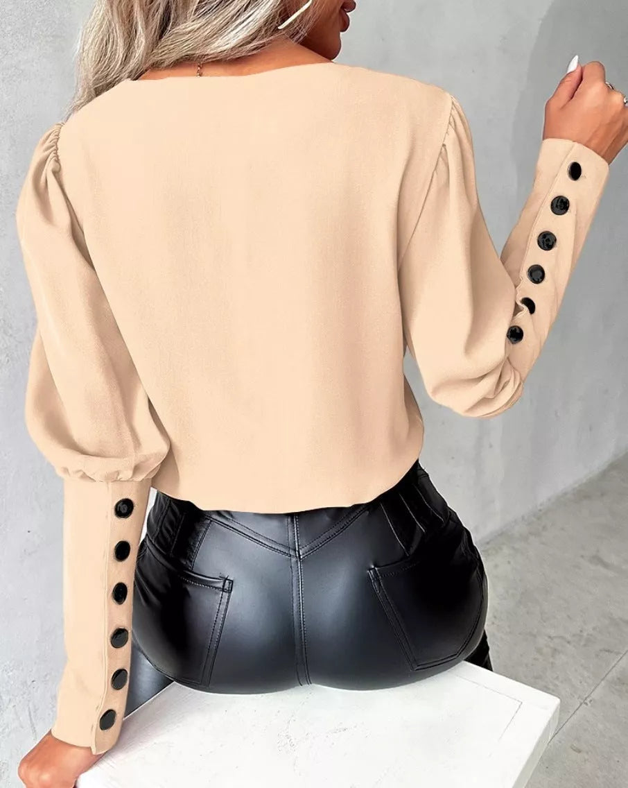 Women's V-neck long sleeve blouse with button design in various colors