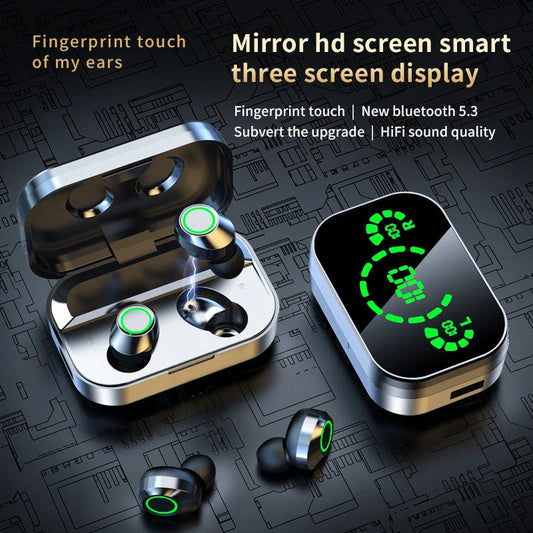 Premium wireless Bluetooth earbuds with smart digital display, noise-cancelling microphone, and graphene composite diaphragm for superior sound quality