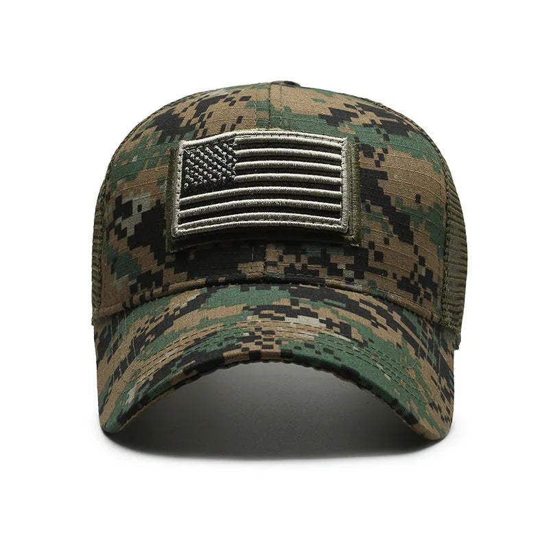 Tactical camouflage baseball cap with adjustable sizing and dome crown