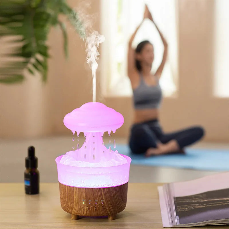 Wood grain cloud-shaped humidifier diffuser with coloured night light and water droplets