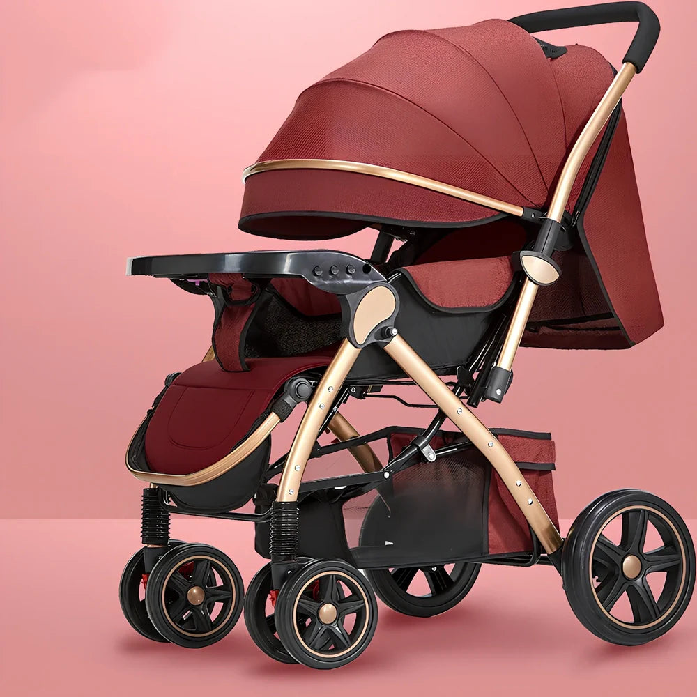 Baby stroller gift box in local gold frame with khaki blended fabric and 20cm rubber rear wheels for newborn use