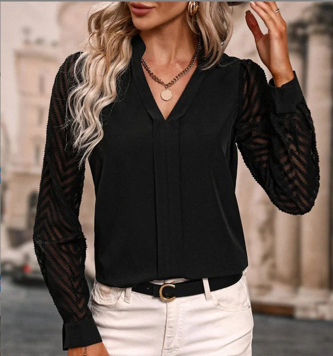 Elegant V-Neck Chiffon Blouse with Lace Detailing for Women