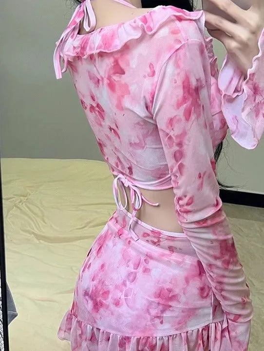 Women's floral bikini set in cherry blossom pink with polyester fabric, sizes S to XL for UK beach or hot spring use