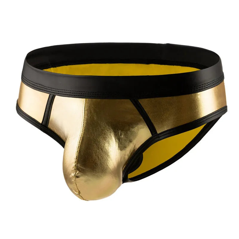 Men's low-waist bikini swim briefs in patent leather gold, red, or silver colours with body-shaping polyester construction