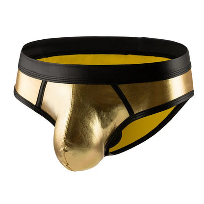 Men's low-waist bikini swim briefs in patent leather gold, red, or silver colours with body-shaping polyester construction
