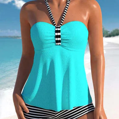 Women's off-shoulder striped swimsuit in black and white design with briefs style