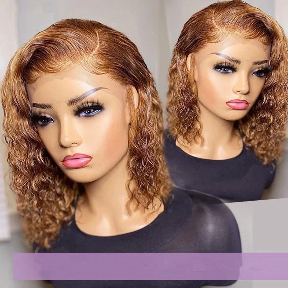 Short curly honey blonde bob wig with 13x4 lace front, light brown human hair, long bangs