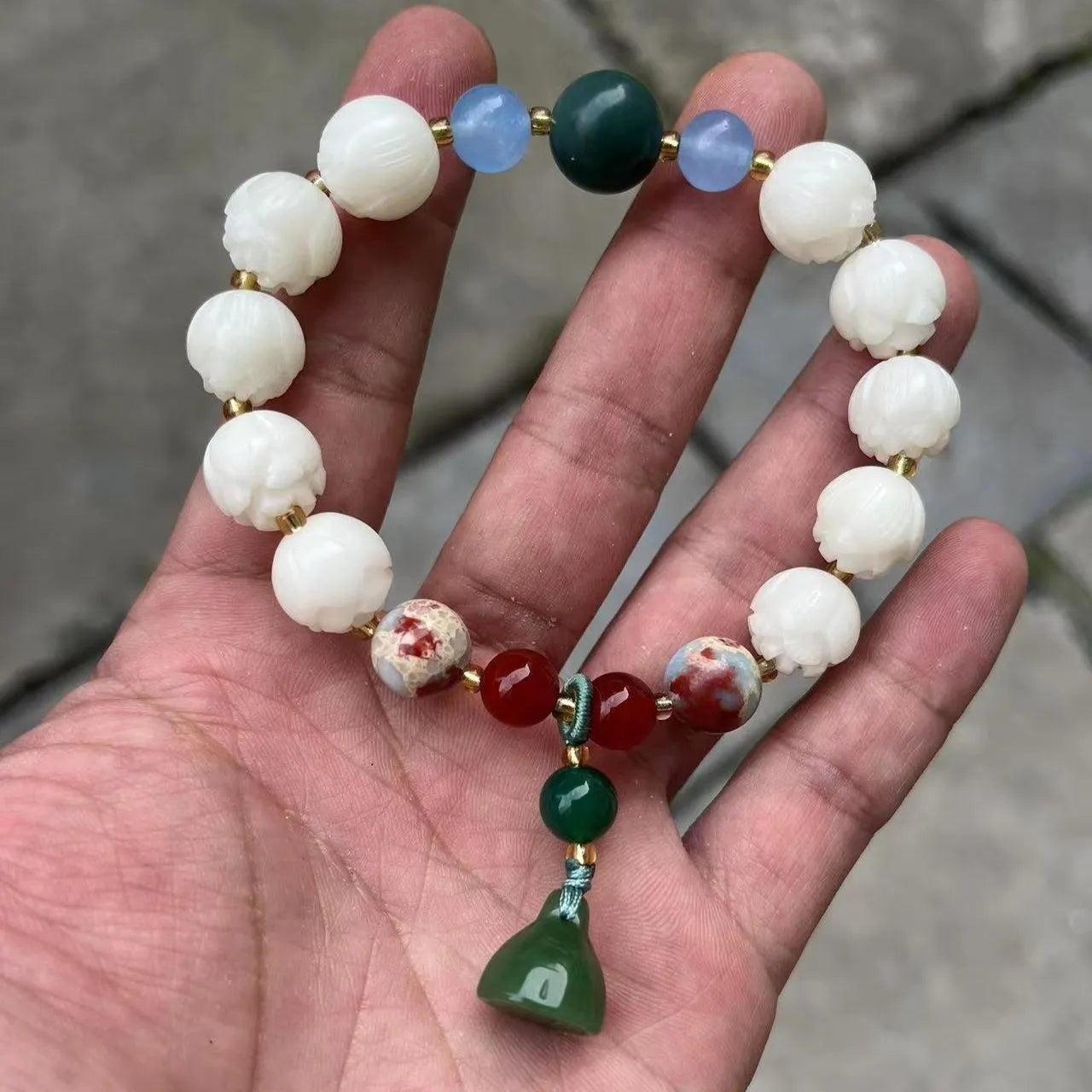 White Bodhi root bracelet with carved pumpkin lotus beads including Apple Orchard and Duobao styles
