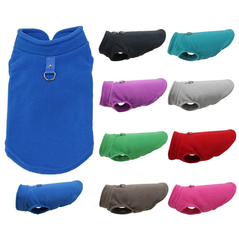 Polar fleece dog waistcoat in solid colour on small dog showing side-open design