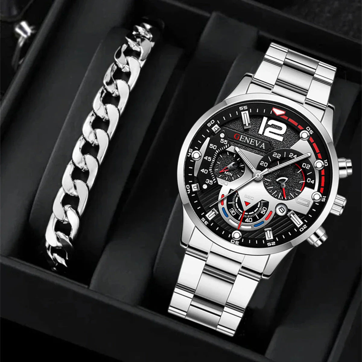 Men's stainless steel watch and coordinating bracelet set in various color options