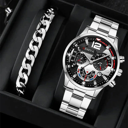 Men's stainless steel watch and coordinating bracelet set in various color options