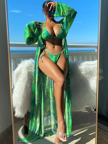 Split Long Sleeve Ins Blouse Banded Bikini Set in various colors