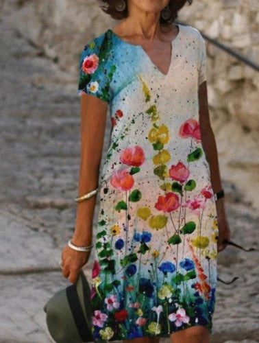 Women's cotton blend printed dress in navy blue, blue, and green for spring fashion