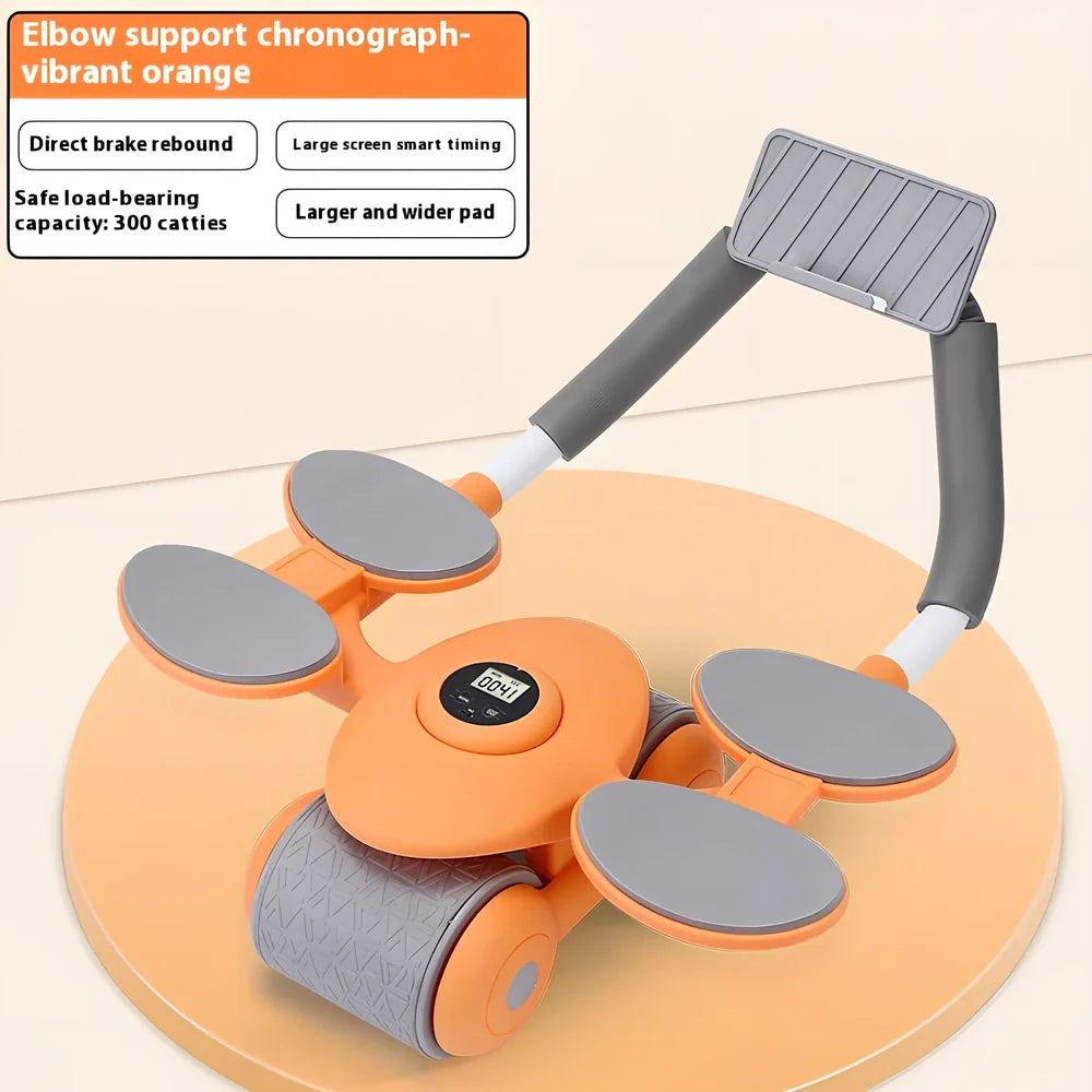 Black abdominal exercise wheel with four elbow support pads on grey floor