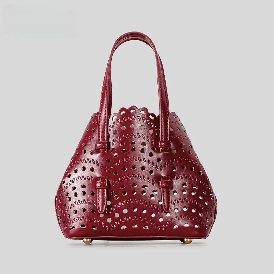 Hollow carved PU messenger tote bag with three straps in horizontal square shape