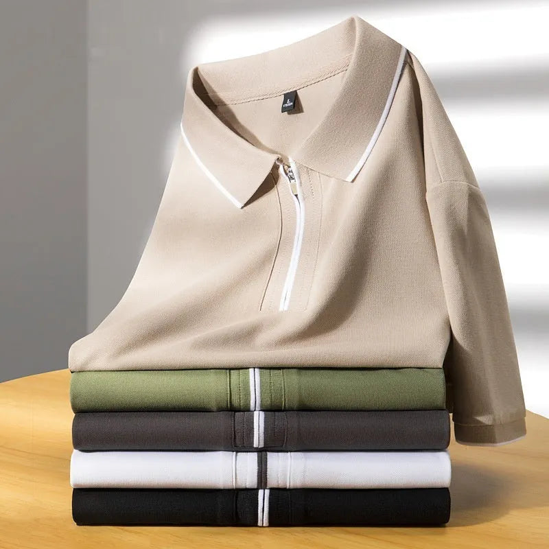 Men's slim fit lapel silk business casual top short sleeve cotton blend shirt in sizes M L XL 2XL 3XL 4XL available in grass green beige apricot graphite grey black and white colours with Asian sizing guidance