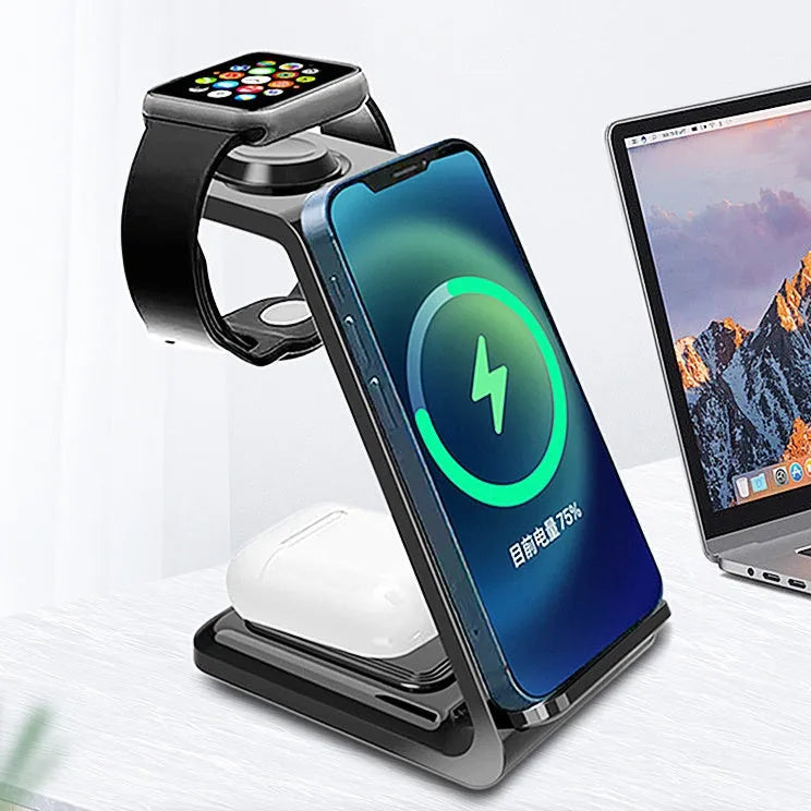 White 3-in-1 wireless charger with upright phone holder charging smartphone, earbuds, and smartwatch simultaneously