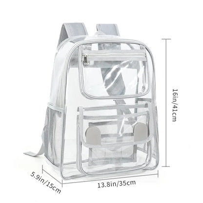 Transparent PVC travel backpack showing contents through clear material with 50 litre capacity