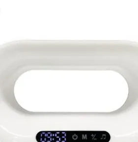 White smart bedside lamp with wireless charging pad, LED lighting, and digital alarm clock display