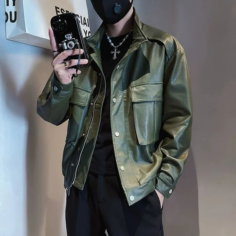 Men's black PU leather pilot jacket with side pockets and straight hem, Korean style.