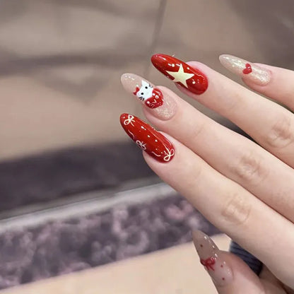 Sweet Girl style medium coffin false nails with random colour patterns, press on artificial nail sets