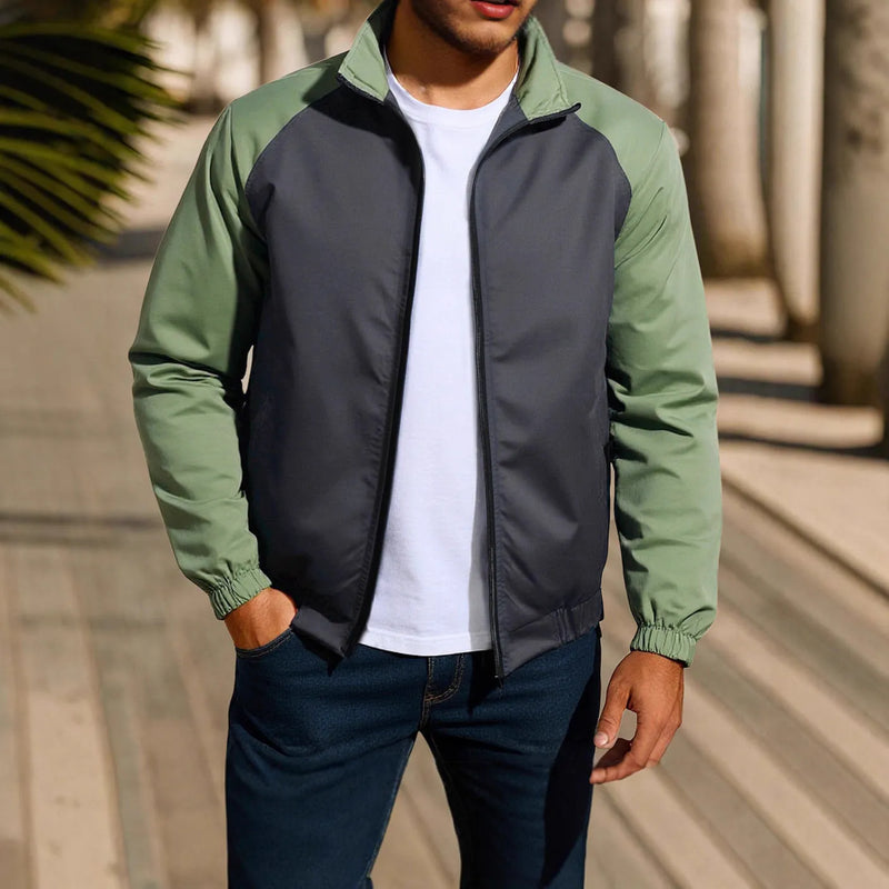 Men's Casual Coat Stand Collar Contrast Colour Jacket with Raglan Sleeves in Chemical Fibre Blend Polyester Fabric, Available in Red, Khaki, and Green Sizes S to XXXL for Everyday Wear