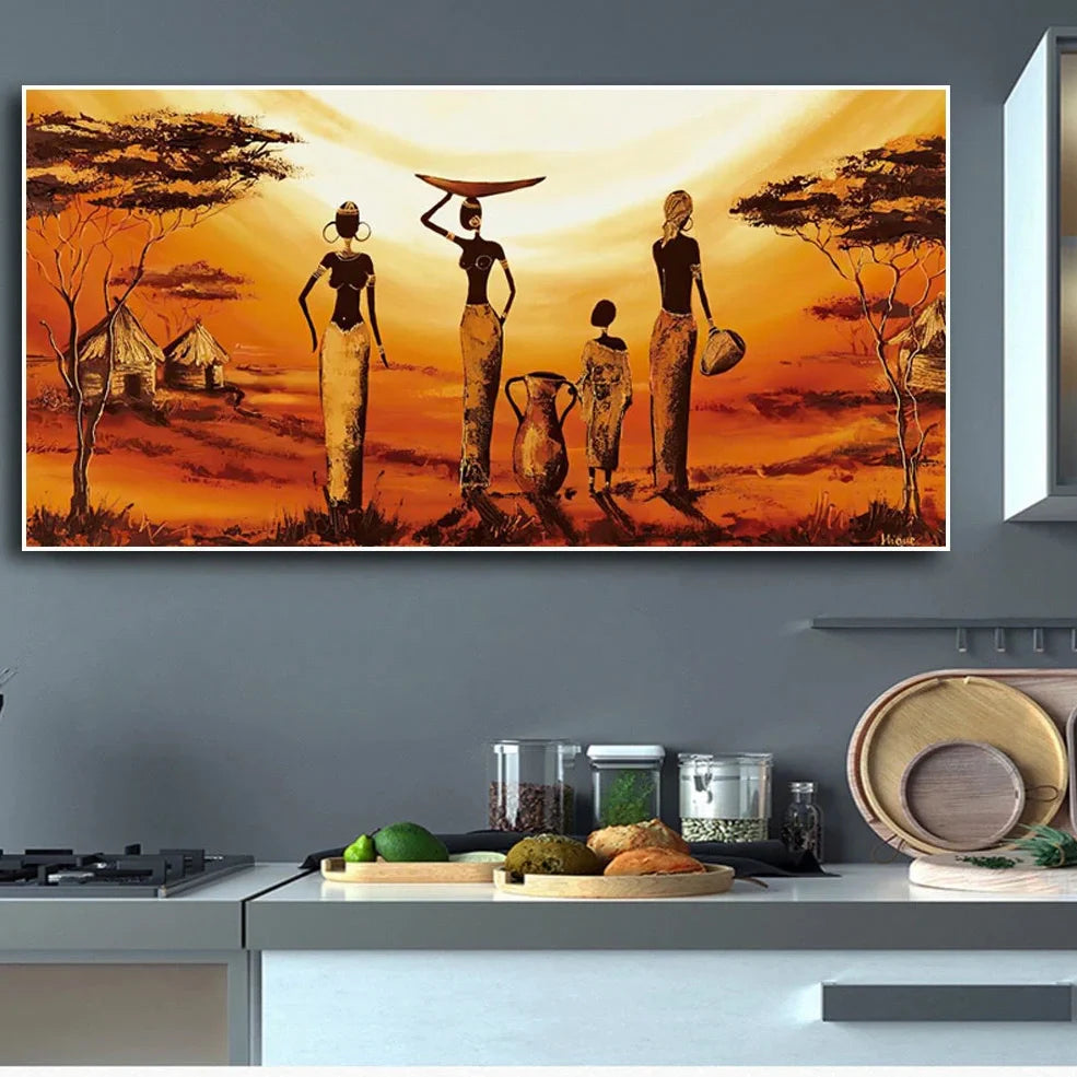 Abstract African woman canvas wall art poster, waterproof canvas in 60x120cm size, frameless print with rich colours for home decor